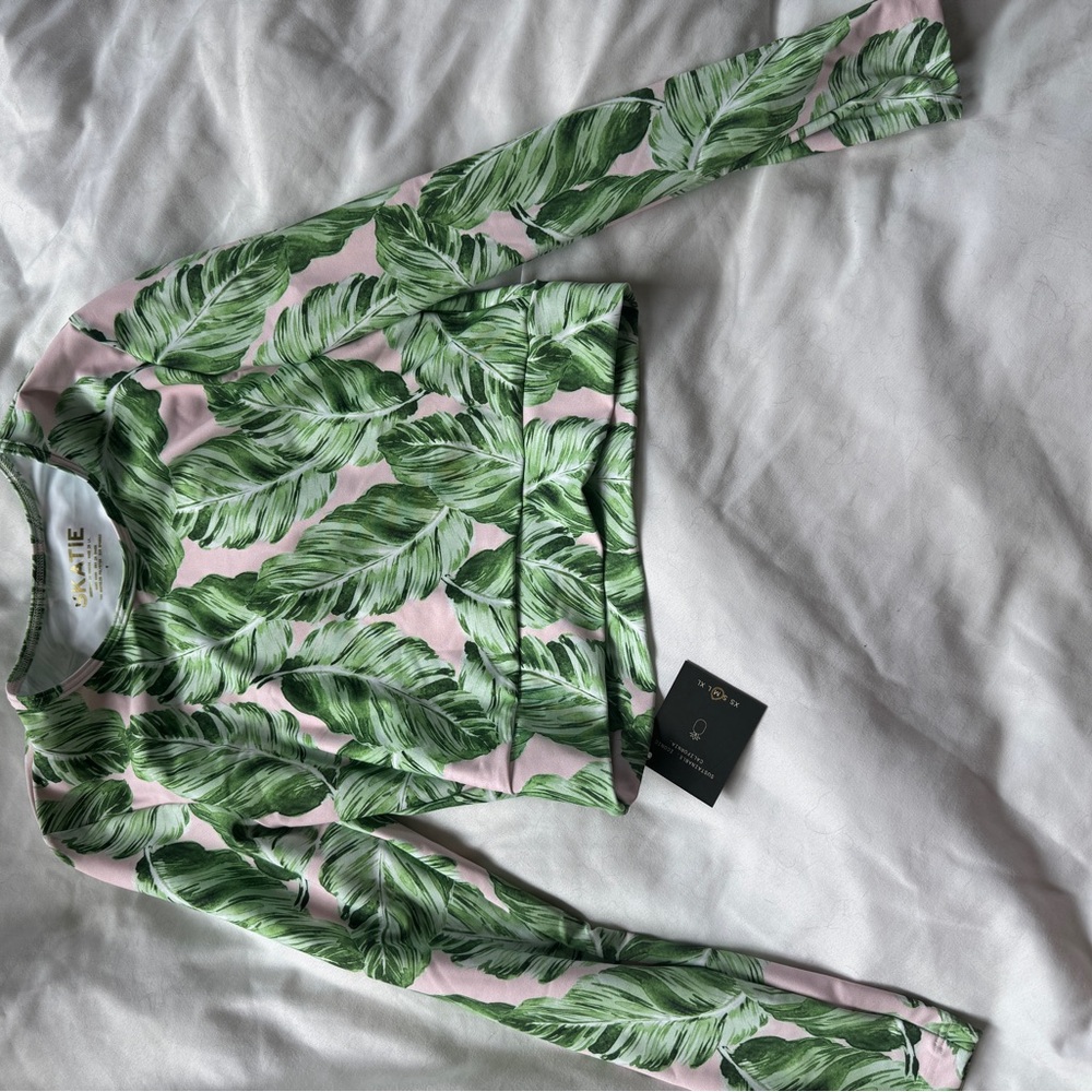Skatie Green Leaf Print Swim Top